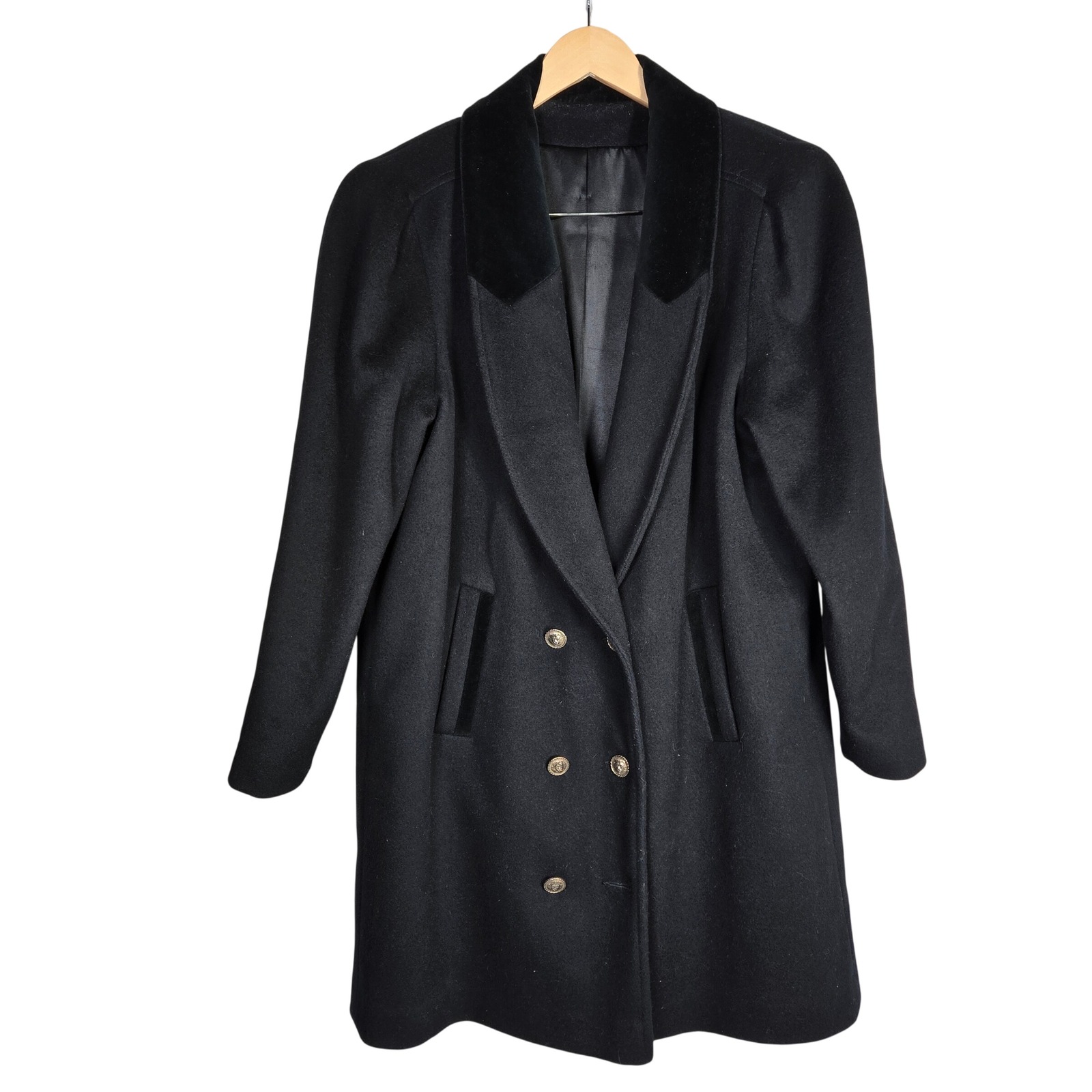 Vintage Braemar By Jeremy Scott Black Virgin Wool Velvet Trim Coat Womens Xl
